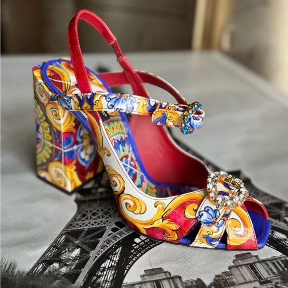Dolce & Gabbana unique sling back sandals heels colorful luxury shoes rare - Picture 5 of 12